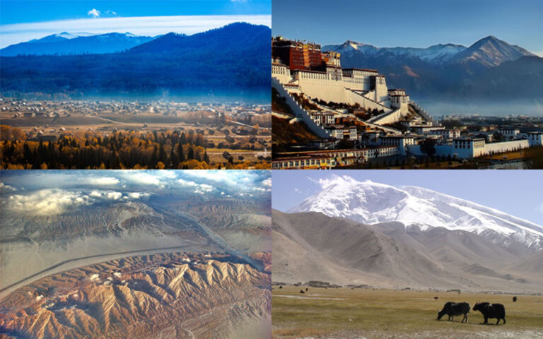 The image shows a collage of four scenic landscapes: a village amidst mountains and forests, the Potala Palace in Lhasa, a vast desert terrain, and snow-capped mountains with grazing yaks.