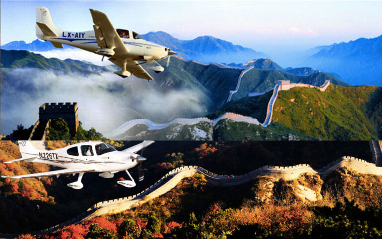 A split-screen image depicts two light aircraft flying near the Great Wall of China. The top part has a bright, clear view, while the bottom shows a darker, warmer scene with autumnal colors.