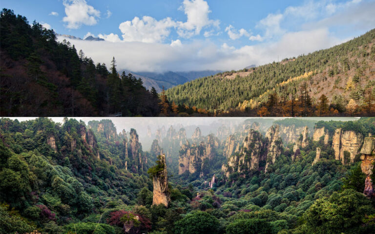 A split image showing two breathtaking landscapes: a mountainous, forested region with clouds above, and a lush valley with towering rock formations.